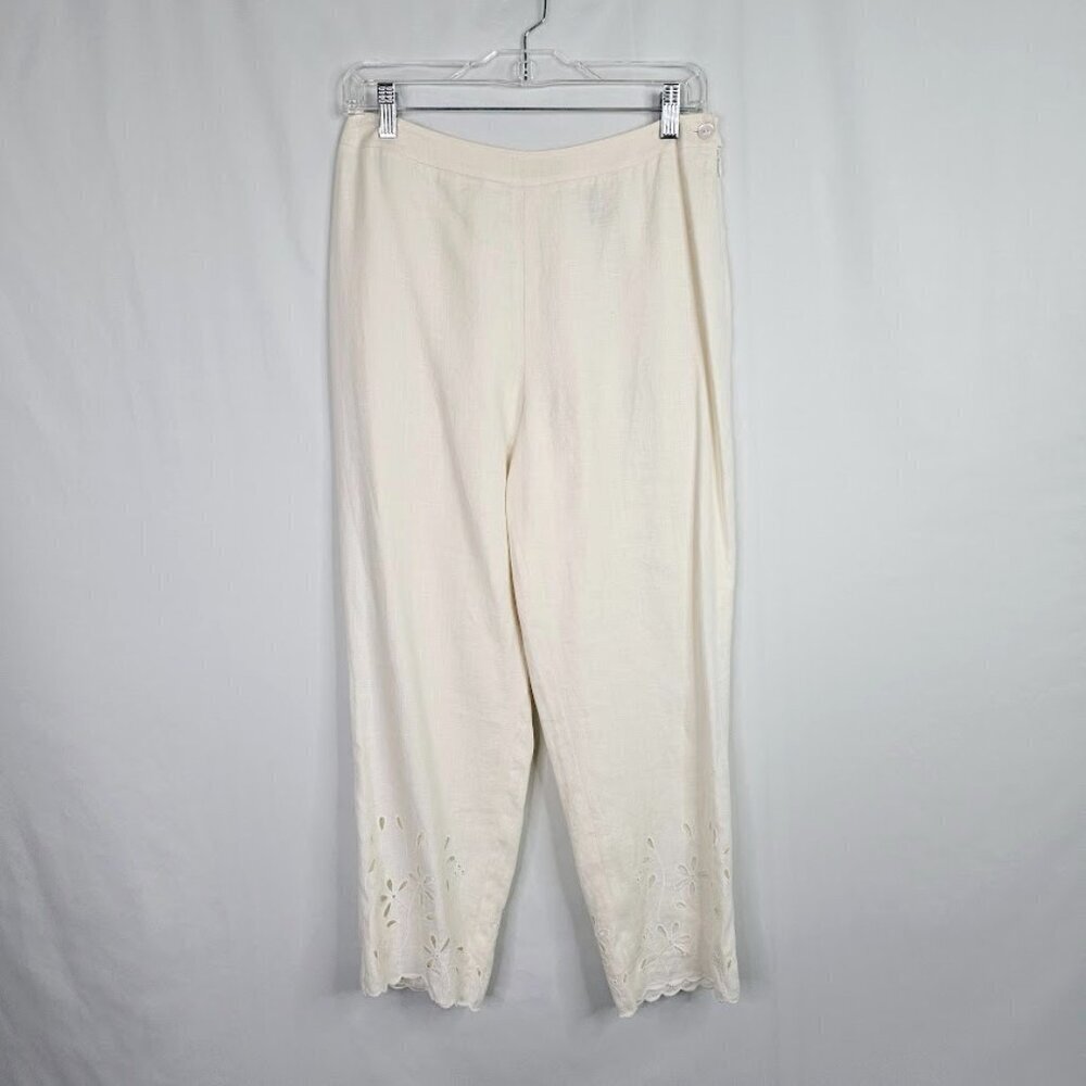 KATE HILL 100% Linen Crop Pants size 8 P OFF WHITE BEIGE Floral Cut Out Resort - Picture 2 of 7